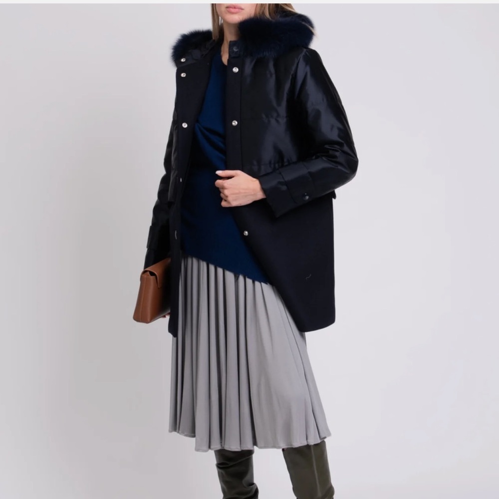Sandro Gordon Real Fox Fur-Trimmed Hood Overlay Coat